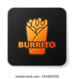 Orange glowing Burrito icon isolated on white background. Traditional mexican fast food. Black square button. Vector Illustration