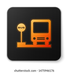 Orange glowing Bus stop icon isolated on white background. Transportation concept. Bus tour transport sign. Tourism or public vehicle symbol. Black square button. Vector Illustration