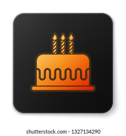 Orange glowing Cake with burning candles icon isolated on white background. Happy Birthday. Black square button. Vector Illustration