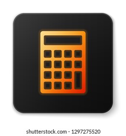 Orange glowing Calculator icon isolated on white background. Accounting symbol. Business calculations mathematics education and finance. Flat design. Black square button. Vector Illustration