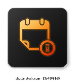 Orange glowing Calendar and clock icon isolated on white background. Schedule, appointment, organizer, timesheet, time management, important date. Black square button. Vector Illustration
