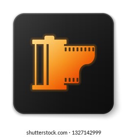 Orange glowing Camera vintage film roll cartridge icon isolated on white background. Film reel icon. 35mm film canister. Filmstrip photographer equipment. Black square button. Vector Illustration