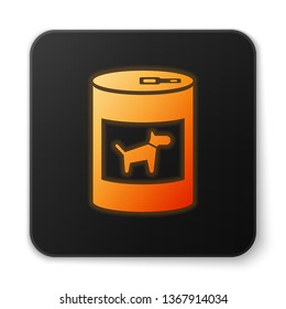 Orange glowing Canned food for dog icon isolated on white background. Food for animals. Pet dog food can. Black square button. Vector Illustration