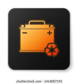 Orange glowing Car battery with recycle icon isolated on white background. Accumulator battery energy power and electricity accumulator battery. Black square button. Vector Illustration