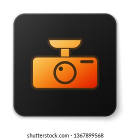 Orange glowing Car DVR icon isolated on white background. Car digital video recorder icon. Black square button. Vector Illustration