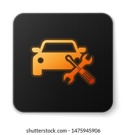 Orange glowing Car with screwdriver and wrench icon isolated on white background. Adjusting, service, setting, maintenance, repair, fixing. Black square button. Vector Illustration