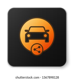 Orange glowing Car sharing icon isolated on white background. Carsharing sign. Transport renting service concept. Black square button. Vector Illustration