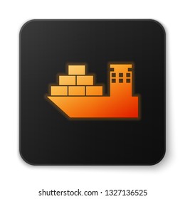 Orange glowing Cargo ship icon isolated on white background. Black square button. Vector Illustration