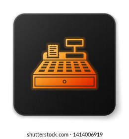 Orange glowing Cash register machine with a check icon isolated on white background. Cashier sign. Cashbox symbol. Black square button. Vector Illustration
