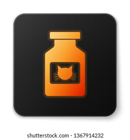 Orange glowing Cat medicine bottle icon isolated on white background. Container with pills. Prescription medicine for animal. Black square button. Vector Illustration