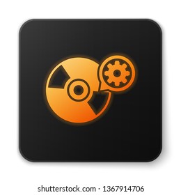 Orange glowing CD or DVD disk and gear icon isolated on white background. Adjusting app, service concept, setting options, maintenance, repair, fixing. Black square button. Vector Illustration