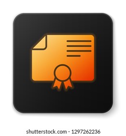 Orange glowing Certificate template icon isolated on white background. Degree icon. Achievement, award, grant, diploma concepts. Business success certificate. Black square button. Vector Illustration