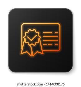 Orange glowing Certificate template line icon isolated on white background. Achievement, award, degree, grant, diploma concepts. Business success certificate. Black square button. Vector Illustration