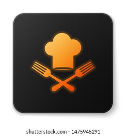 Orange glowing Chef hat and crossed fork icon isolated on white background. Cooking symbol. Restaurant menu. Cooks hat. Black square button. Vector Illustration