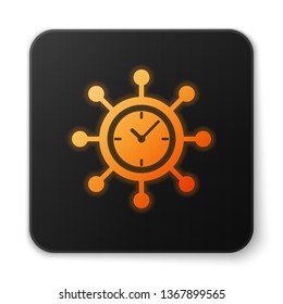 Orange glowing Clock and gear icon isolated on white background. Time Management symbol. Business concept. Hub and spokes and clock solid icon. Black square button. Vector Illustration