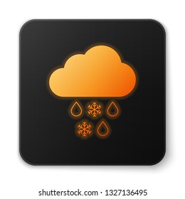 Orange glowing Cloud with snow and rain icon isolated on white background. Weather icon. Black square button. Vector Illustration