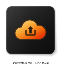 Orange glowing Cloud upload icon isolated on white background. Black square button. Vector Illustration