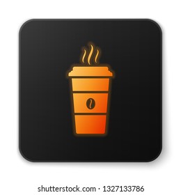 Orange glowing Coffee cup icon isolated on white background. Disposable coffee cup with hot coffee. Black square button. Vector Illustration