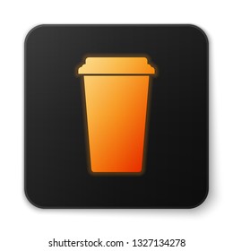 Orange glowing Coffee cup icon isolated on white background. Disposable coffee cup with hot coffee. Black square button. Vector Illustration