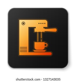 Orange glowing Coffee machine and coffee cup icon isolated on white background. Black square button. Vector Illustration