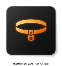 Orange glowing Collar with name tag icon isolated on white background. Supplies for domestic animal. Dog or cat paw print. Cat and dog care. Pet chains. Black square button. Vector Illustration