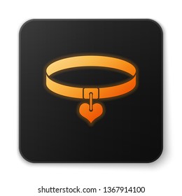 Orange glowing Collar with name tag and heart icon isolated on white background. Simple supplies for domestic animal. Cat and dog care. Pet chains. Black square button. Vector Illustration
