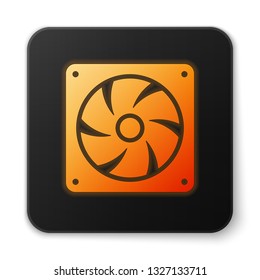 Orange glowing Computer cooler icon isolated on white background. PC hardware fan. Black square button. Vector Illustration