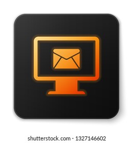Orange glowing Computer monitor and envelope, new message, mail, email icon isolated on white background. Usage for e-mail newsletters, headers, blog posts. Black square button. Vector Illustration