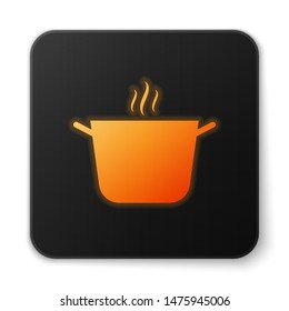 Orange glowing Cooking pot icon isolated on white background. Boil or stew food symbol. Black square button. Vector Illustration