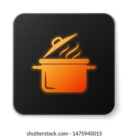 Orange glowing Cooking pot icon isolated on white background. Boil or stew food symbol. Black square button. Vector Illustration