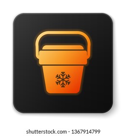Orange glowing Cooler bag icon isolated on white background. Portable freezer bag. Handheld refrigerator. Black square button. Vector Illustration