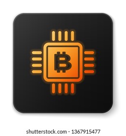 Orange glowing CPU mining farm icon isolated on white background. Bitcoin sign inside microchip. Cryptocurrency mining community. Digital money. Black square button. Vector Illustration
