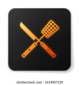 Orange glowing Crossed fork and knife icon isolated on white background. BBQ fork and knife sign. Barbecue and grill tools. Black square button. Vector Illustration