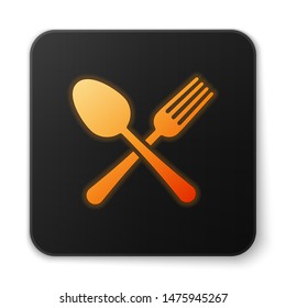 Orange glowing Crossed fork and spoon icon isolated on white background. Cooking utensil. Cutlery sign. Black square button. Vector Illustration