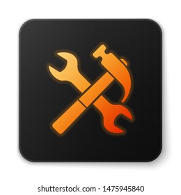 Orange glowing Crossed hammer and wrench icon isolated on white background. Hardware tools. Black square button. Vector Illustration