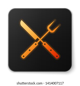 Orange glowing Crossed knife and spatula icon isolated on white background. BBQ knife and spatula sign. Barbecue and grill tools. Black square button. Vector Illustration