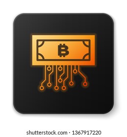Orange glowing Cryptocurrency concept bitcoin in circle with microchip circuit icon isolated on white background. Blockchain technology, digital money market. Black square button. Vector Illustration Orange glowing Cryptocurrency concept bitcoin in circle with microchip circuit icon isolated on white background. Blockchain technology, digital money market. Black square button. Vector Illustration