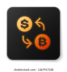 Orange glowing Cryptocurrency exchange icon isolated on white background. Bitcoin to dollar exchange icon. Cryptocurrency technology, mobile banking. Black square button. Vector Illustration
