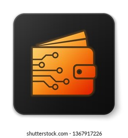Orange glowing Cryptocurrency wallet icon isolated on white background. Wallet and bitcoin sign. Mining concept. Money, payment, cash, pay icon. Black square button. Vector Illustration