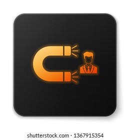 Orange glowing Customer attracting icon isolated on white background. Customer retention, support and service. Customer man attracting with magnet. Black square button. Vector Illustration