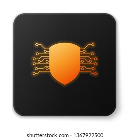Orange glowing Cyber security icon isolated on white background. Shield sign. Safety concept. Digital data protection. Black square button. Vector Illustration