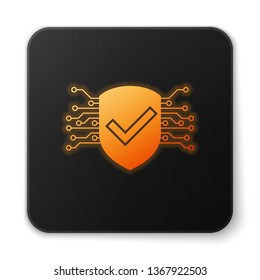 Orange glowing Cyber security icon isolated on white background. Shield with check mark sign. Safety concept. Digital data protection. Black square button. Vector Illustration