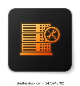 Orange glowing Database server with screwdriver and wrench icon isolated on white background. Adjusting, service, setting, maintenance, repair, fixing. Black square button. Vector Illustration