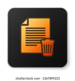 Orange glowing Delete file document icon isolated on white background. Paper sheet with recycle bin sign. Rejected document icon. Cross on paper. Black square button. Vector Illustration