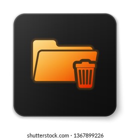 Orange glowing Delete folder icon isolated on white background. Folder with recycle bin. Delete or error folder. Close computer information folder sign. Black square button. Vector Illustration