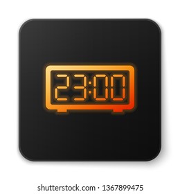 Orange glowing Digital alarm clock icon isolated on white background. Electronic watch alarm clock. Time icon. Black square button. Vector Illustration