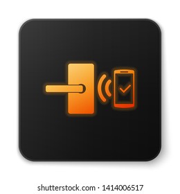 Orange glowing Digital door lock with wireless technology for unlock icon isolated on white background. Door handle sign. Security smart home of concept. Black square button. Vector Illustration