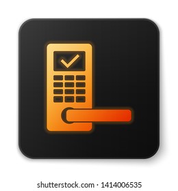 Orange glowing Digital door lock with wireless technology for unlock icon isolated on white background. Door handle sign. Security smart home of concept. Black square button. Vector Illustration