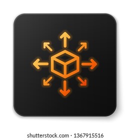 Orange glowing Distribution icon isolated on white background. Content distribution concept. Black square button. Vector Illustration