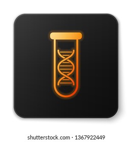 Orange glowing DNA research, search icon isolated on white background. Genetic engineering, genetics testing, cloning, paternity testing. Black square button. Vector Illustration